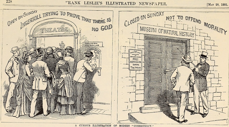 A 1891 political cartoon depicting crowds seeking entertainment by flocking to hear Ingersoll advocate for agnosticism in a theater which is open on Sunday, when the American Museum of Natural History is closed so as "Not to Offend Morality" - Wikimedia Commons