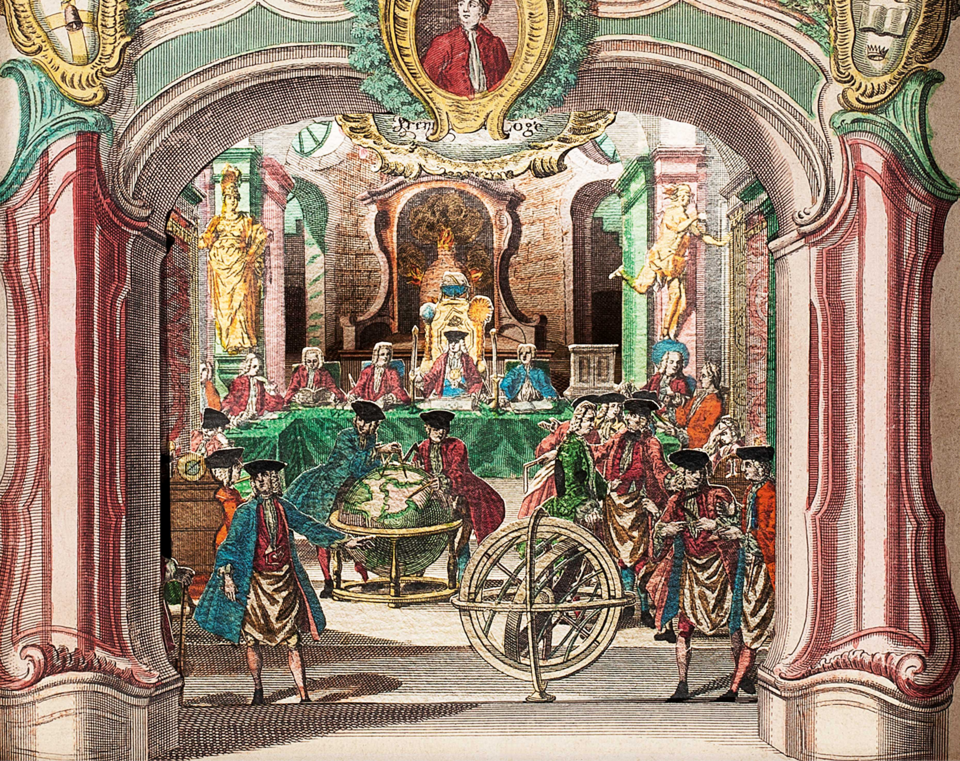 Depiction of Masons at work in Lodge in the "three globes Lodge" in Berlin, circa 1740. Free-Masons can be seen measuring globes and discussing various topics whilst holding masonic instruments
