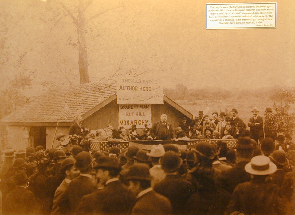 Due to the limitations of early cameras, this is the only known image of American orator Robert G. Ingersoll before an audience with a sign saying in part "Thomas Paine Author Hero of the American Revolution" in the background. From 30 May 1894. - Wikipedia