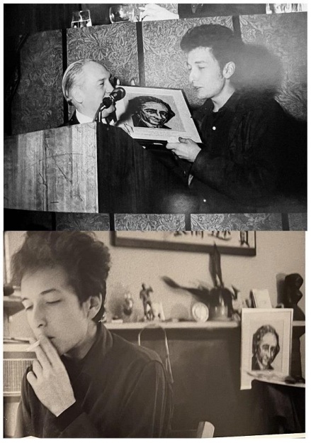 Top: Bob Dylan accepting an award from the Emergency Civil Liberties Committee: the Tom Paine Award for Civil Rights in December, 1963. Bottom: Dylan in his office with the picture of Paine.