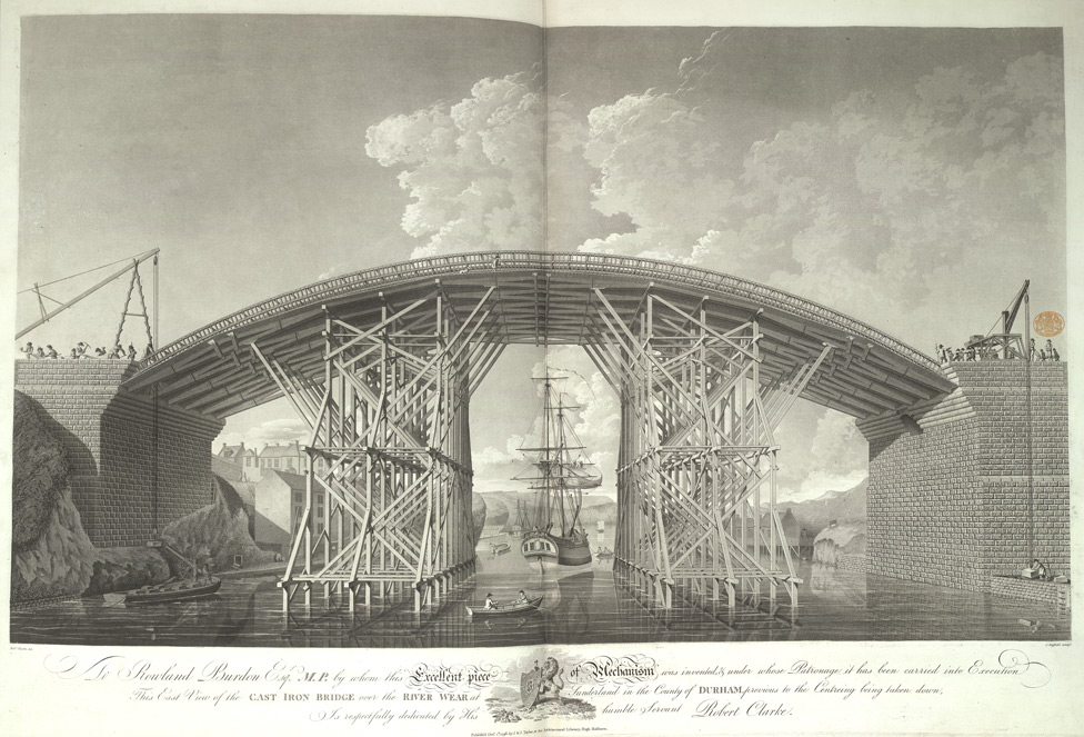 Painting by J. Raffield of the east view of the cast iron bridge over the River Wear at Sunderland in 1796 - link
