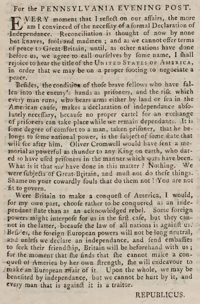 Pennsylvania Evening Post, June 29, 1776