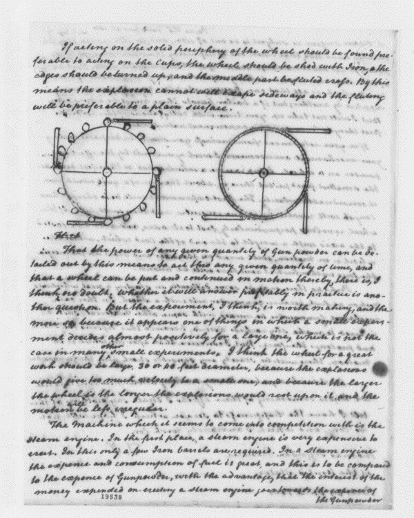 One of Paine's scientific interests, which probably followed from his research into the manufacture of saltpeter, was testing the explosive power of gunpowder harnessed to an engine designed to drive paddles on a boat. This 'internal combustion engine' was not a success.