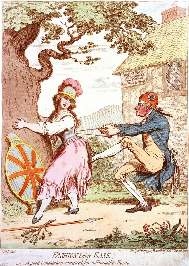 "Fashion before Ease - or - A good Constitution sacrificed for a Fantastick Form" a 1793 political cartoon by James Gillray that lampoons Paine's youth as a staymaking apprentice and his "ugly" attempts at reshaping governments - Library of Congress