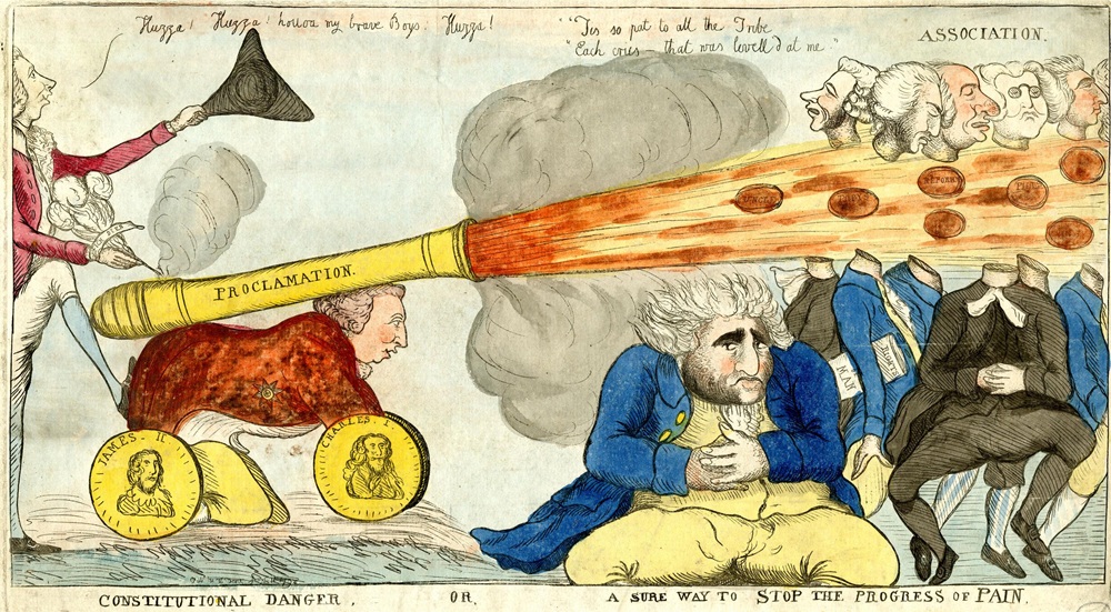 “Constitutional Danger, or, A sure way to stop the progress of Pain” a 1792 satirical print by William Dent showing William Pitt the Younger firing a cannon mounted on the back of George III from which issue balls of ‘Reform’ that decapitate Paine and his supporters’ – © The Trustees of the British Museum