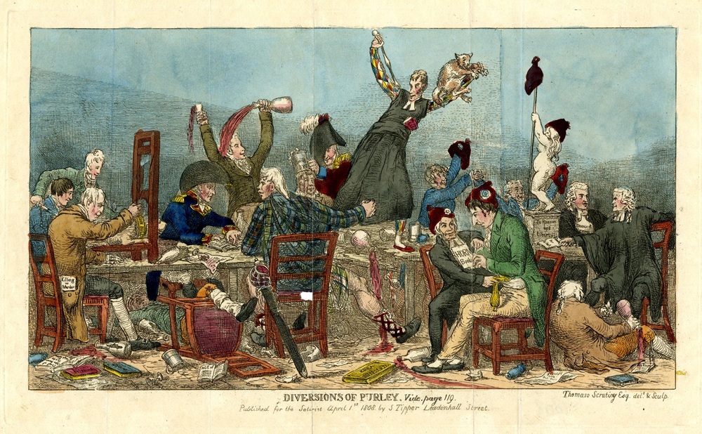 "Diversions of Purley" a 1808 political cartoon by Samuel De Wilde is a slanderous attack on John Horne Tooke, a proponent of parliamentary reform, who stood trial for treason in 1794. Among the books on the floor is Paine's 'Age of Reason' - © The Trustees of the British Museum