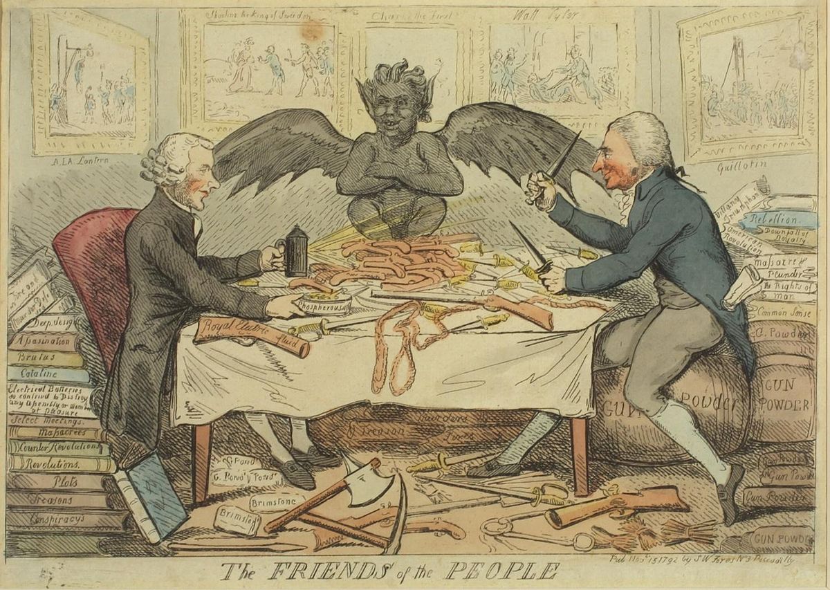 "The Friends of the People" a cartoon by Isaac Cruikshank from 1792 with English chemist Joseph Priestley seen seated at a table with Paine surrounded by incendiary items - © The Trustees of the British Museum