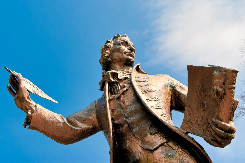 Paine monument in Thetford, England, the birthplace of Paine, with a quill pen in his right hand and an inverted copy of The Rights of Man in his left, was sculpted by Sir Charles Wheeler, President of the Royal Academy, and erected in 1964 - link
