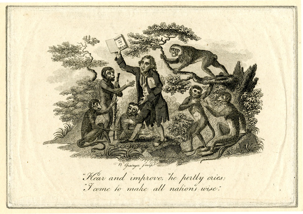 A 1793 political cartoon by William Grainger shows Paine standing in a forest scene, the centre of a group of six apes, to whom he holds out his ‘Rights of Man’ – © The Trustees of the British Museum