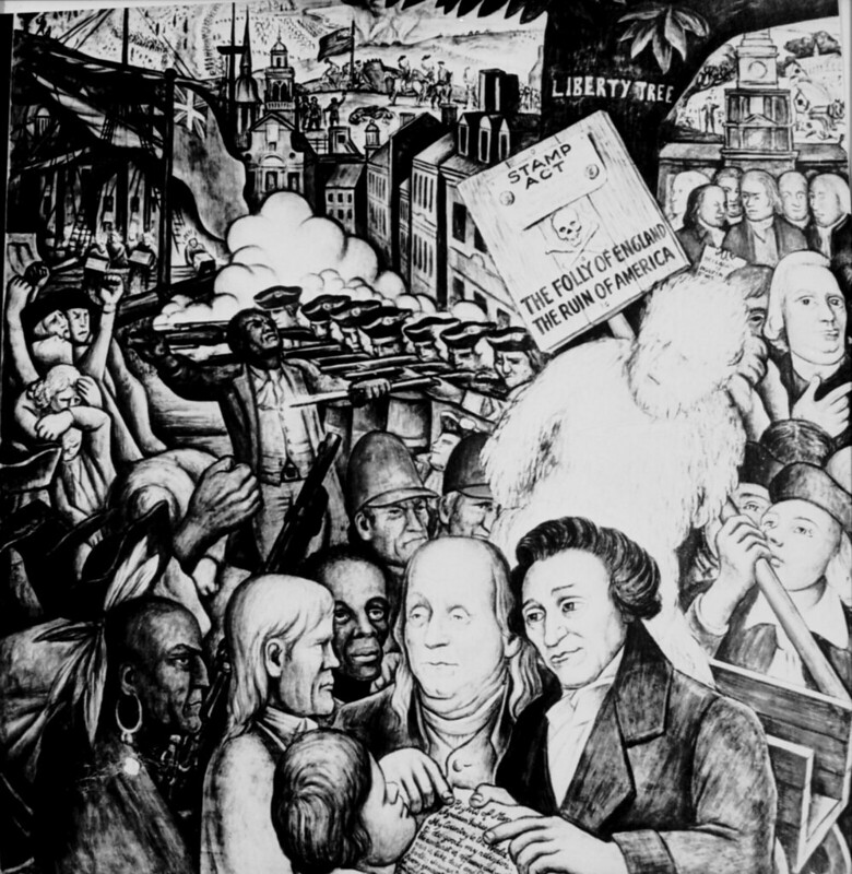 A panel titled "The Frontier of Ethical Evolution" from Diego Rivera's 1933 three panel fresco, "Man at the Crossroads", depicting the key events that led up to the American Revolution.
