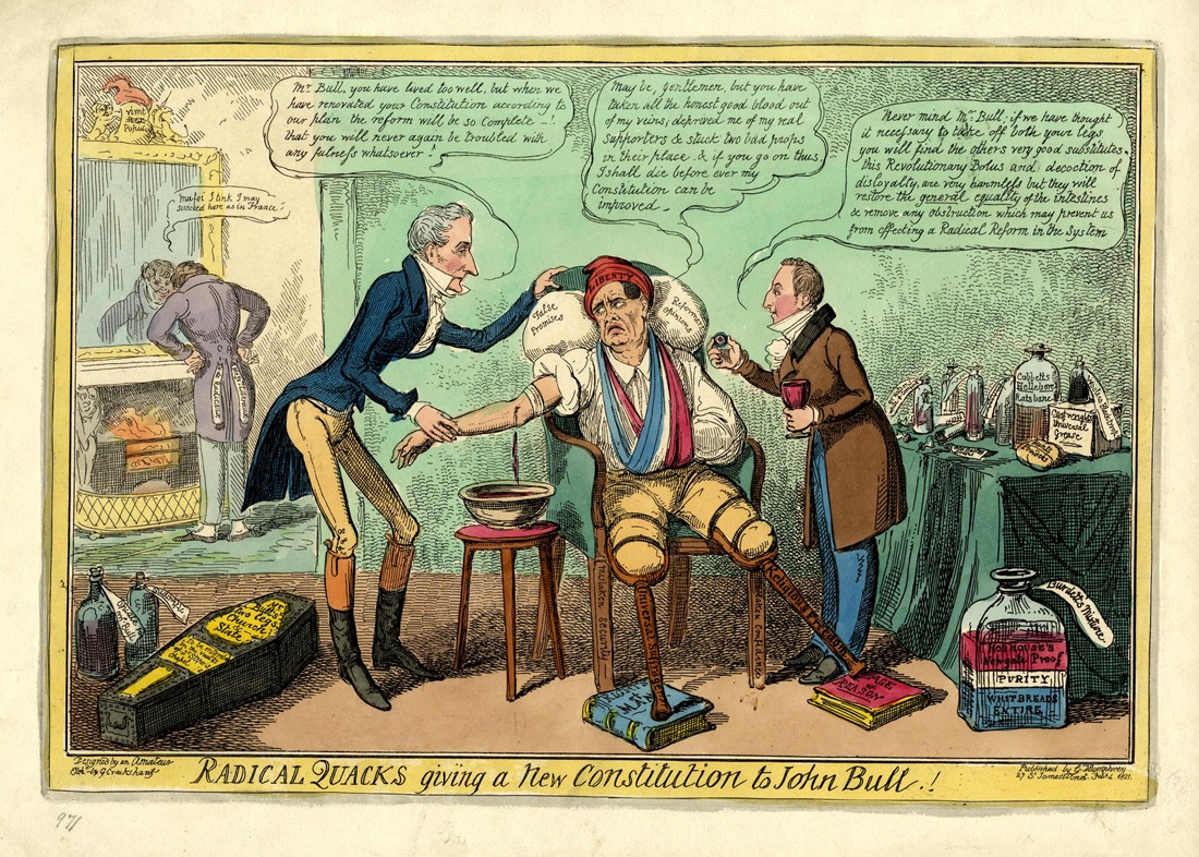 "Radical Quacks giving a New Constitution to John Bull" a 1821 cartoon by George Cruikshank shows Bull (a British equivalent of Uncle Sam) with his legs amputated and his peg-legs inscribed respectively 'Universal Suffrage' and 'Religious Freedom'. Each rests on a book: 'Rights of Man' and 'Age of Reason' - © The Trustees of the British Museum