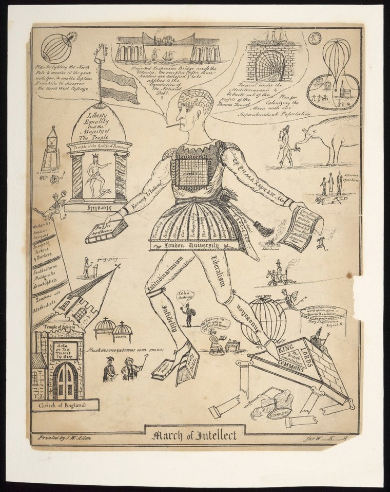 "The emblematic figure of a man representing secularisation, technical innovation, educational reforms and liberal politics in the United Kingdom" a 1830 lithograph. The man tramples on the Bible and the Book of Common Prayer kickis down an edifice representing the British constitution. In his hand he holds a volume of The Age of Reason with which he knocks down the steeple of an Anglican church. A temple of reason is inscribed with names including Paine - Wellcome Collection