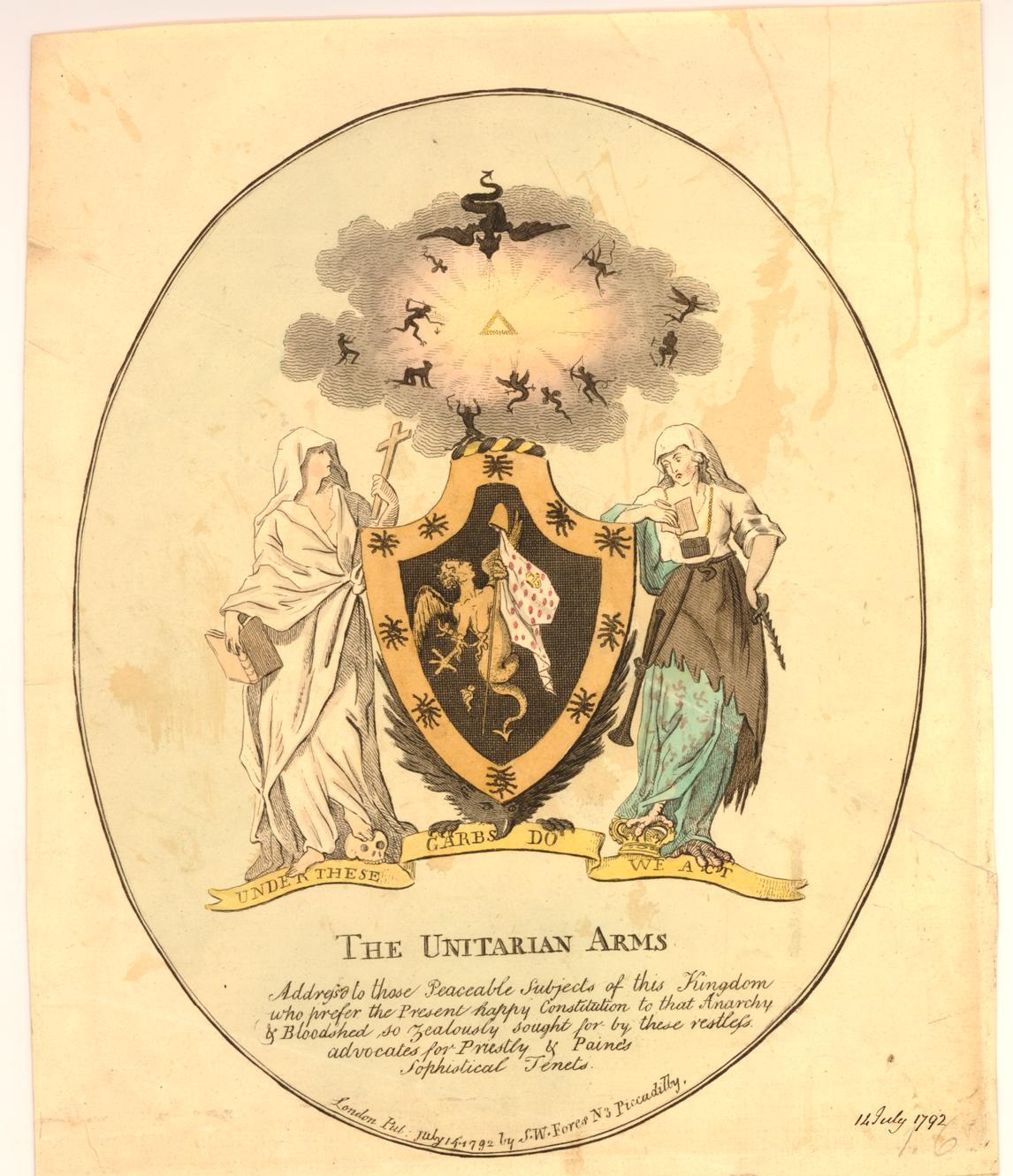 "The Unitarian arms" a 1792 political cartoon attacking Joseph Priestly and Paine in the 'nests' of serpents alluding to 'a late Regulation of the dissenters, under the Direction of Thomas Paine' - © The Trustees of the British Museum