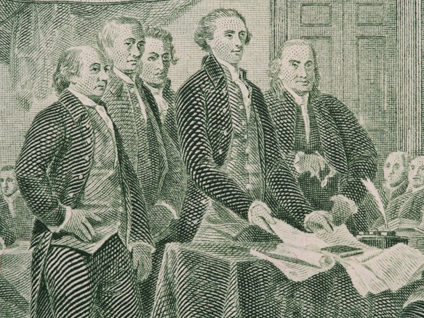 Signing declaration of independence from us two dollar bill macro, united states money closeup