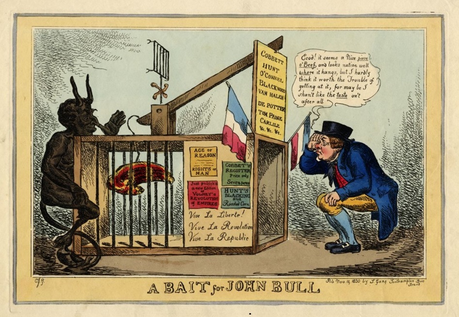 “Billy the bully, and ranting Dan” a 1830 political cartoon by Charles Jameson Grant shows the devil attempt to lure John Bull (a British equivalent of Uncle Sam)