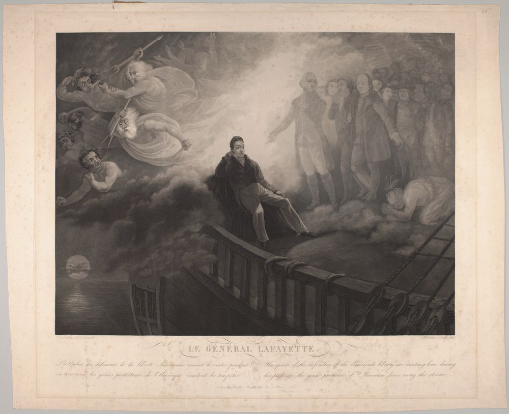 "Le Général Lafayette" a 1825 symbolic painting by Jean Auguste Dubouloz shows Marie-Joseph Paul Yves Roch Gilbert du Motier, Marquis de La Fayette's return trip to France.