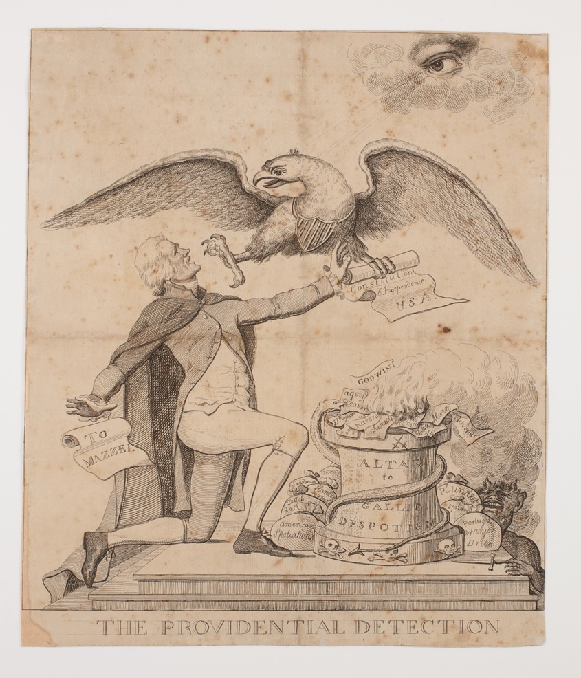 American political cartoon “The Providential Detection” depicts Thomas Jefferson attempting to destroy the Constitution supported by Satan, the writings of Paine, and French philosophers. Artist unknown and published sometime around 1797-1800. Courtesy of the American Antiquarian Society – Thomas Jefferson’s Monticello