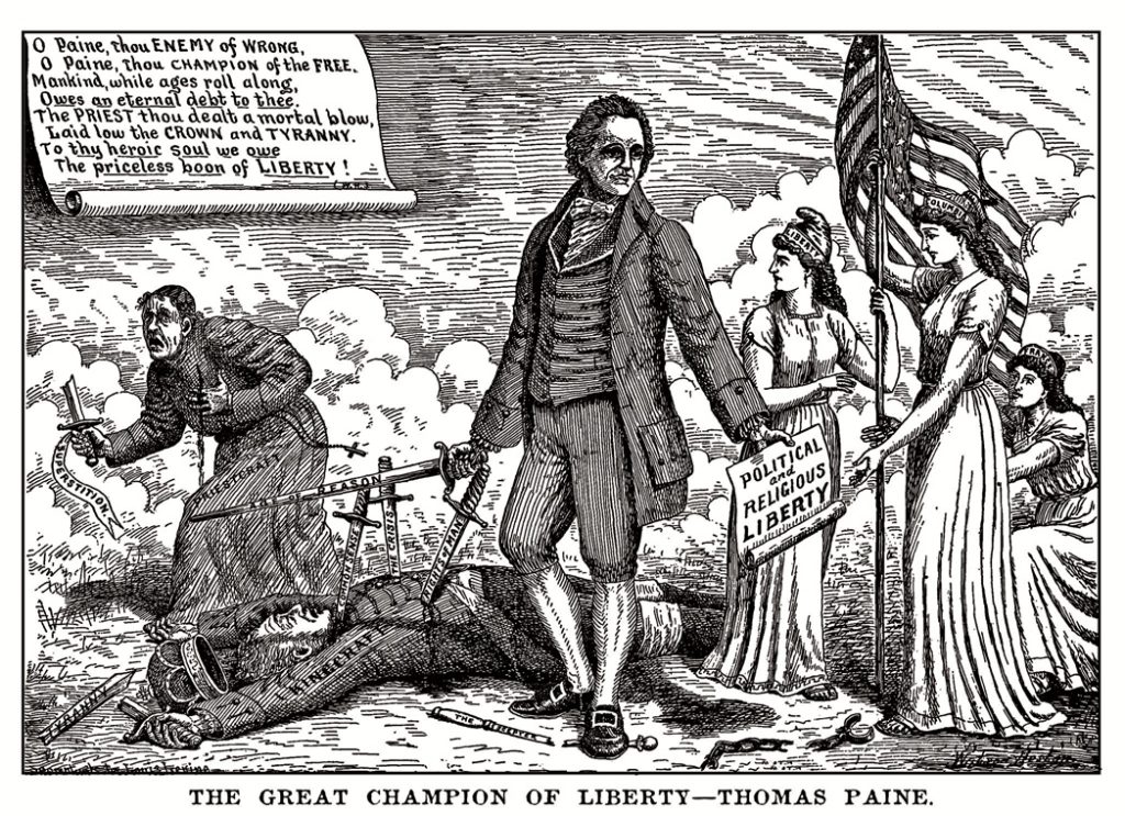 An illustration titled “The Great Champion Of Liberty – Thomas Paine” by Watson Heston from the front page of the September 8, 1894 Truth Seeker magazine showing Paine holding a paper reading “Political and Religious Liberty” having slain a character labled “kingcraft” and driving away another labled “priestcraft”.