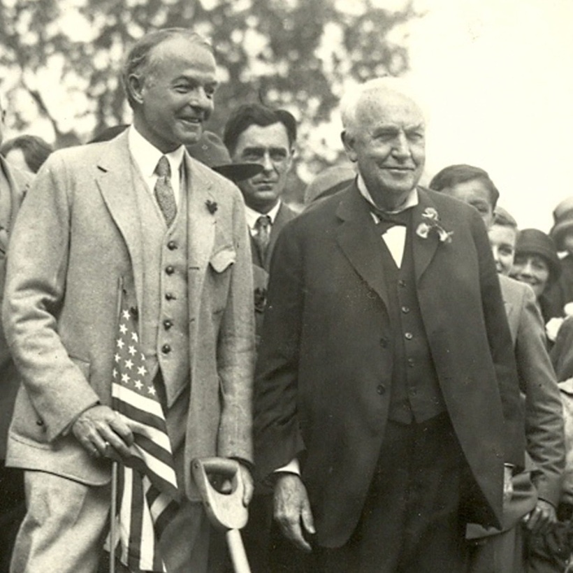 In 1925, the Thomas Paine Memorial Building construction began as inventor Thomas Alva Edison wields the shovel