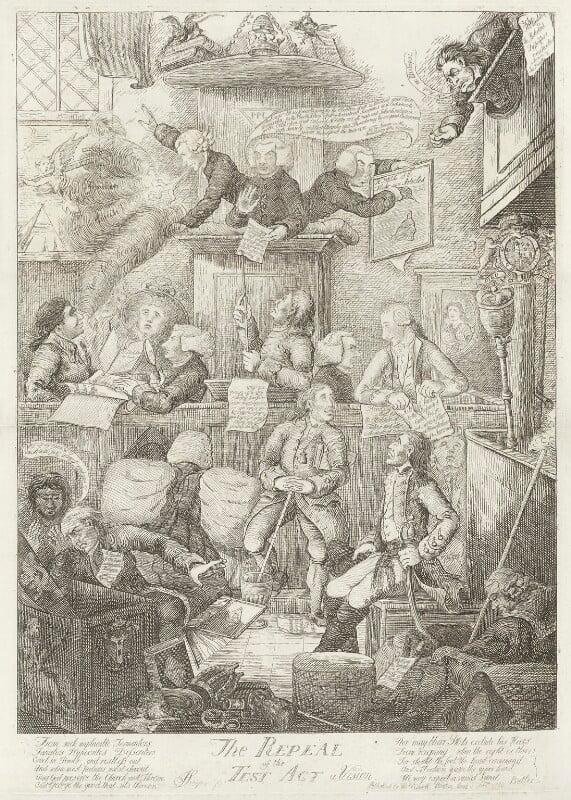 A 1790 political cartoon titled "The Repeal of the Test Act, a Vision" by James Sayers. Paine appears under the foot of Lord Stanhope - National Portrait Gallery, UK