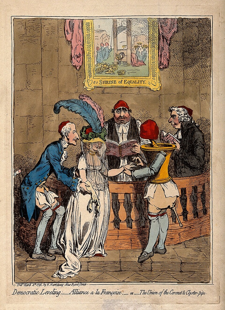 "Democratic levelling; - alliance a la françoise; - or - the union of the coronet and clyster-pipe" a 1796 cartoon by James Gillray. The idea of an earl's daughter marrying a man of such a lowly profession as surgeon-apothecary was lampooned as ridiculous. Whig leader Charles James Fox is reading from the 'the gospel of revolutionary documents' Paine's 'Rights of Man'. Above them is a painting entitled 'Shrine of Equality' - Wellcome Collection