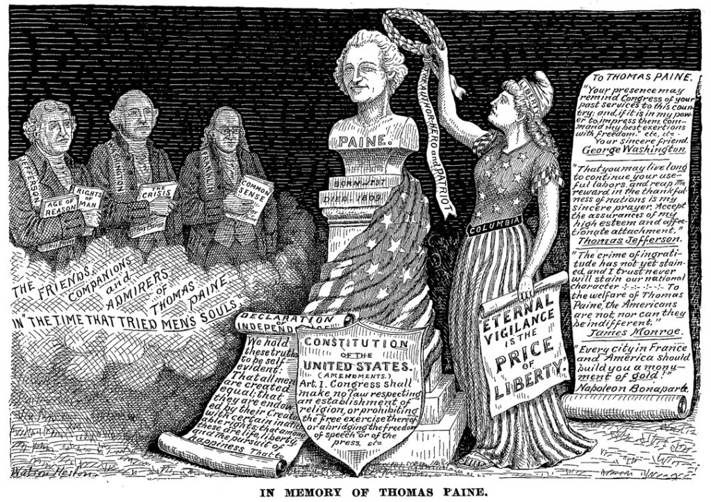 "In Memory of Thomas Paine" is an illustration by Watson Heston from the front page of the June 1st, 1885 Truth Seeker magazine. 
