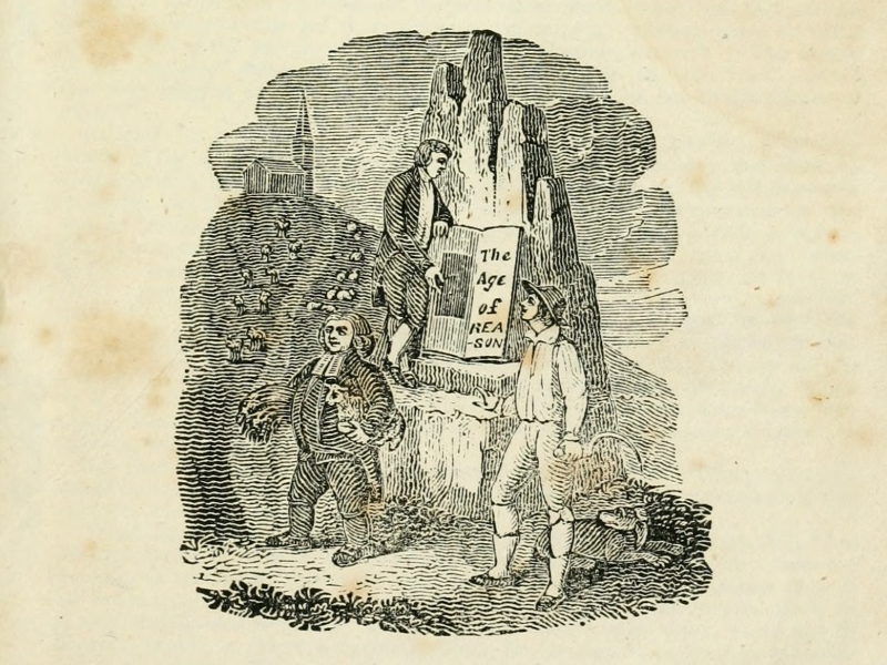 The inside cover art from “The Theological Works of Thomas Paine” a 1845 book with a collection of Paine’s writings that examines traditional religion, Deism, reason, and individual freedom printed by J.P. Mendum in Boston. The central character holds open a book with the writing on it ‘The Age of Reason’