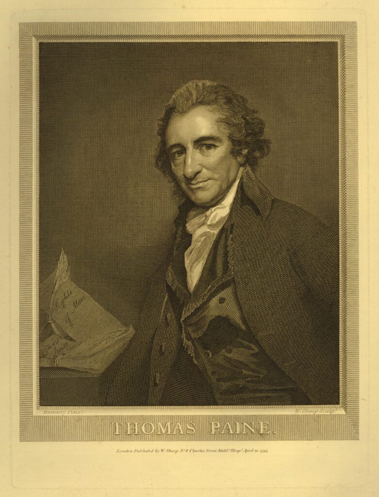 The famous "Thomas Paine" portrait, almost half-length directed to left, smiling and glancing keenly towards the viewer with bundles of papers labelled 'Rights of Man' and 'Common Sense' with a quill on the table beside him to left; after Romney; open letter state. 1793