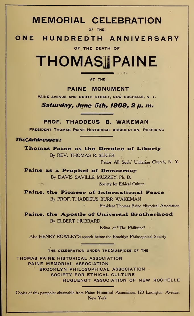 A page from a 1909 pamphlet promoting the memorial celebration of the one-hundredth anniversary of the death of Thomas Paine at the Paine Monument