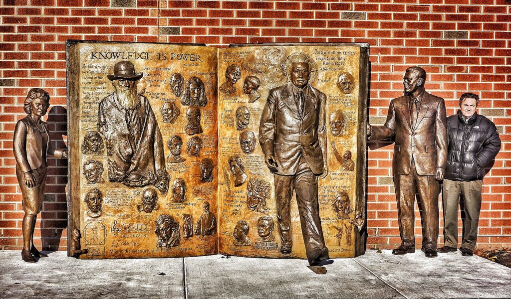 "Knowledge is Power", a quote by Francis Bacon, is a 2014 sculpture by artist Zenos Frudakis