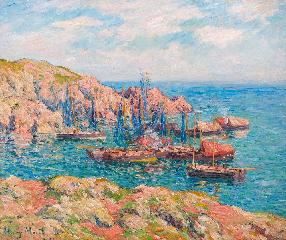 A painting by Henry Moret of the port on the French island of Groix approximately 45 minutes by boat from Lorient, France where Captain John Barry anchored the frigate to allow passengers to disembark including Paine, Lieutenant Colonel John Laurens, Continental Army Major William Jackson, and the vicomte de Noailles, a cousin of Marquis de La Fayette - Galerie Ary Jan