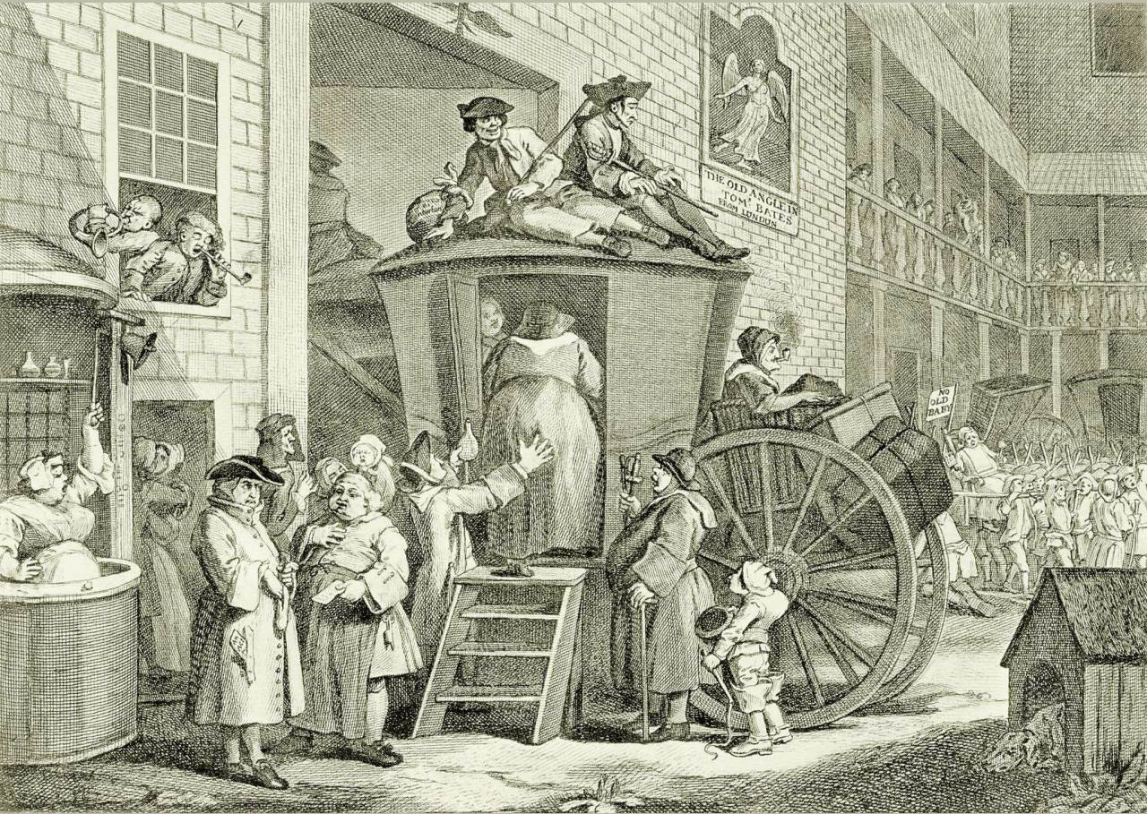 Paine completed Rights of Man on his fifty-fourth birthday, January 29th, 1791. He  is said to have celebrated in the historic Angel Inn with his closest friend, Thomas Rickman. This is a print of the Angel Inn made by William Hogarth in 1747 - British Museum