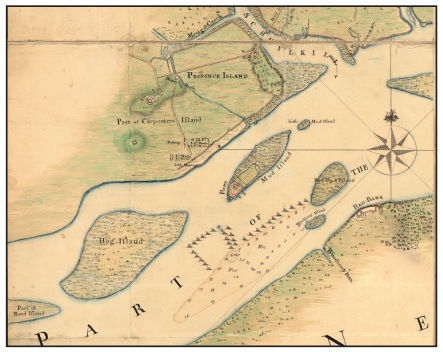 Paine arrived on the London Packet in November 1774 stricken with typhus fever. In a March 1775 letter to Benjamin Franklin, Paine said he had “suffered dreadfully” during the voyage and “had very little hopes” he “would live to see America”. Pennsylvania law expressly prohibited ships “disordered with any infectious disease” from coming closer than Little Mud Island, seven nautical miles downriver, and required that infected persons be quarantined at a “hospital or pest house” on adjacent Province Island. Paine likely sailed no closer than Little Mud Island and was brought “on Shore” on Province Island south of Philadelphia in the Delaware River until he was taken for treatment by Dr. John Kearsley, Jr. Detail from John Montrésor‘s survey of Philadelphia, 1777 - Library of Congress