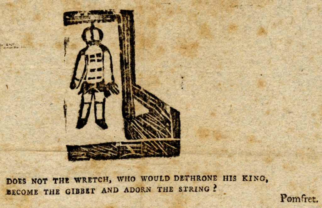 A 1793 cartoon of a hanging that can be found in a publication detailing Paine's 1792 trial for seditious libel, held on December 18, 1792, in response to his publication of the second part of the Rights of Man. The publication is titled, "The last Dying Speech, Behaviour, Birth, Parentage, and Education of Thomas Paine: a biographical sketch of the "notorious Offender" and a fictitious account of his execution for high treason at Pilton, England" - American Philosophical Society