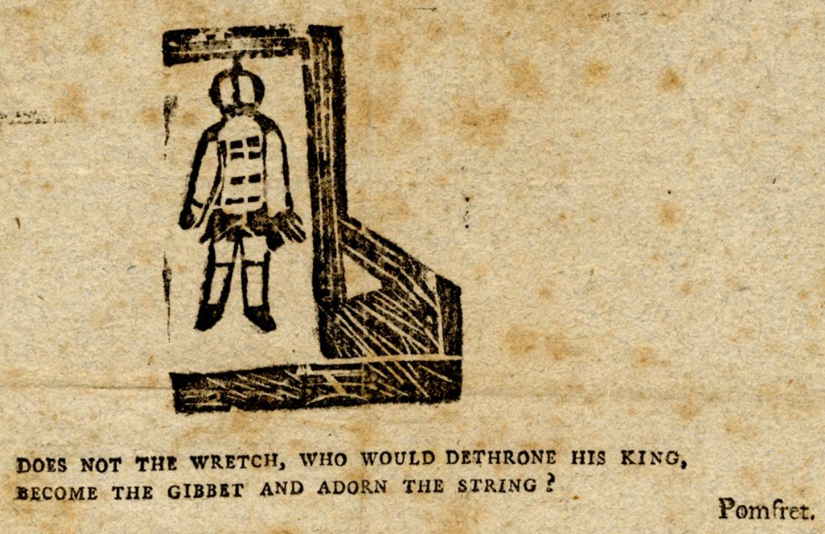 A 1793 cartoon of a hanging that can be found in a publication detailing Paine's 1792 trial for seditious libel, held on December 18, 1792, in response to his publication of the second part of the Rights of Man. The publication is titled, "The last Dying Speech, Behaviour, Birth, Parentage, and Education of Thomas Paine: a biographical sketch of the "notorious Offender" and a fictitious account of his execution for high treason at Pilton, England" - American Philosophical Society