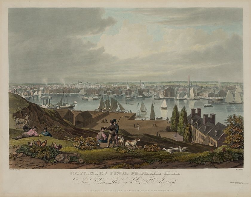 After a tumultuous crossing, Paine arrived in Baltimore, Maryland on October 30, 1802, following a 15-year absence from the United States. Image of Balitmore harbor from 1831 titled "Baltimore from Federal Hill" by W.J. Bennett - Library of Congress