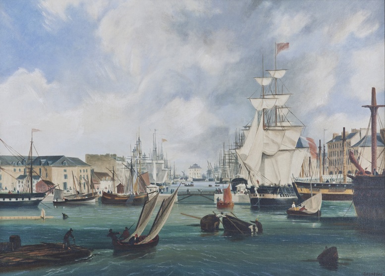 A painting "The Port of Le Havre, the Grand Bassin" circa 1820 by French artist Ambroise-Louis Garneray shows the port of Le Havre, France. Paine frequently navigated the port throughout his life including in May 1787 when he sailed here from New York with plans to promote his designs for an iron arch bridge. He also arrived here after fleeing British sedition charges and also on his final return to the United States - Normandy Region General Inventory