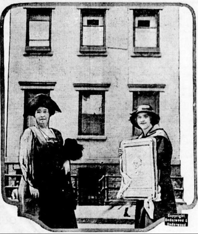 The Thomas Paine Plaque in Greenwich Village at 59 Grove Street in Manhattan was attached to the 1839 Federal-style house that replaced the home where Paine died in a ceremony on the 114th anniversary of Paine's death, June 8, 1923. Image from the June 8, 1923 edition of the Buffalo Voice from Johnson County Wyoming  - Library of Congress