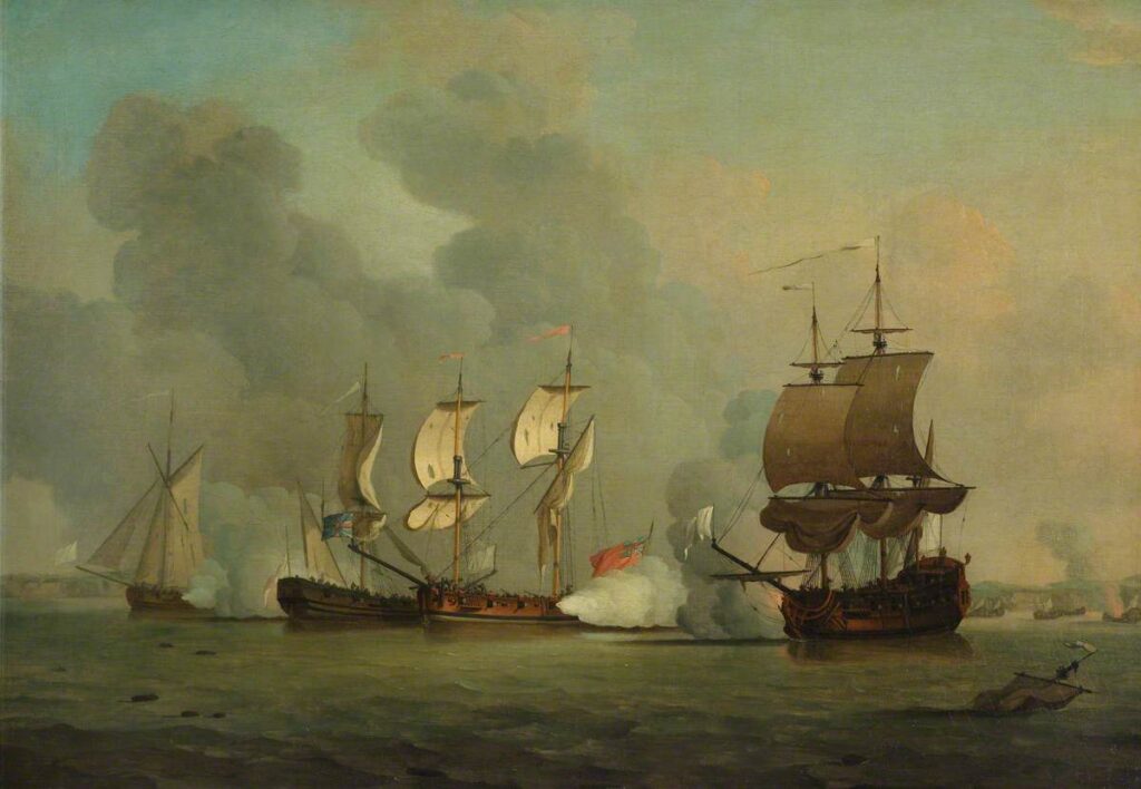 This Samuel Scott painting, titled "An English Privateer Engaging a French Privateer", shows a sea battle during the Seven Years War similar to those Paine would have seen - 