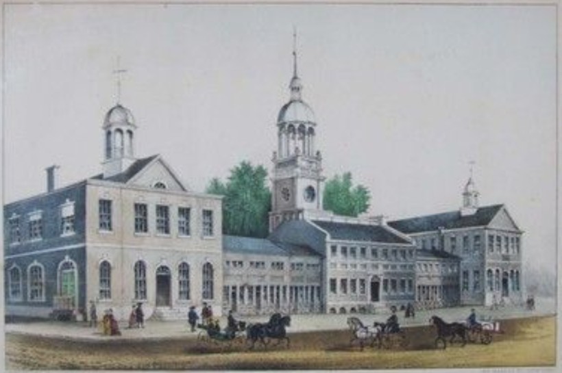 A 1776 lithograph of Pennsylvania State House, today known as Independence Hall. Paine served as the Secretary to the Committee for Foreign Affairs for the Continental Congress from April 1777 to early 1779, which held its meetings at Independence Hall. 