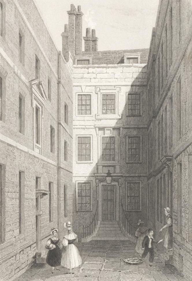 After Mary unfortunately died in childbirth along with the baby, Paine moved to London. During his residence in London, he attended lectures at the Royal Society that was located at Crane Court, Fleet Street at the time shown here in an engraving by Charles John Smith - Yale Center for British Art
