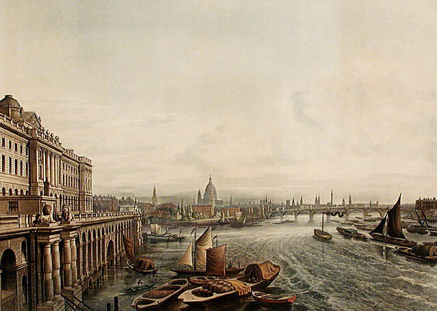 Paine wrote in The Construction of Iron Bridges that he
visited the Royal Society in England in 1787 after sending a model of his bridge to the president of the Royal Society, Sir Joseph Banks. The Society had by this time moved to Somerset House in London. This is a painting of Somerset House circa 1817 by 
Thomas Hosmer Shepherd - 
British Museum