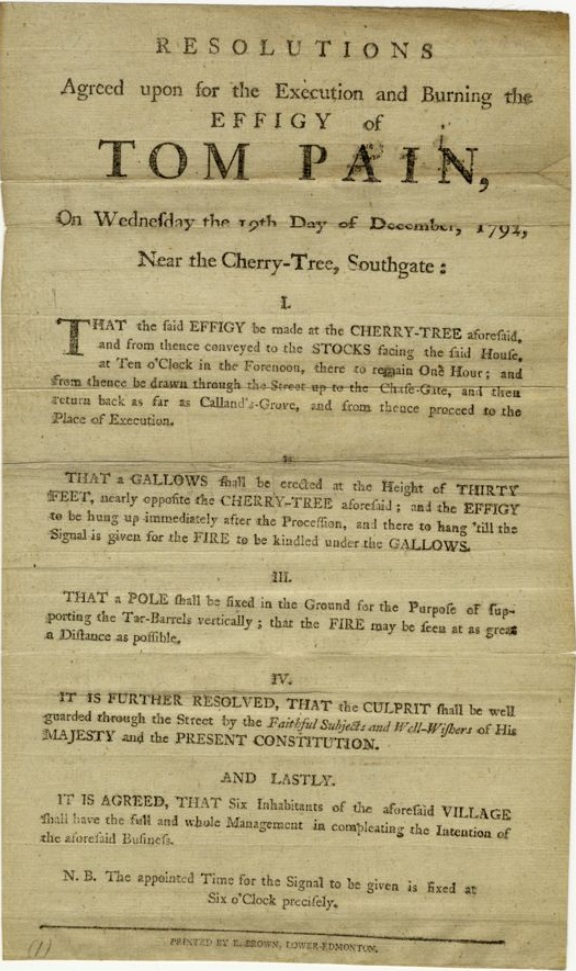 Detailed instructions for the construction of a gallows and burning of a Thomas Paine effigy in Southgate, London, England from December 19, 1792.