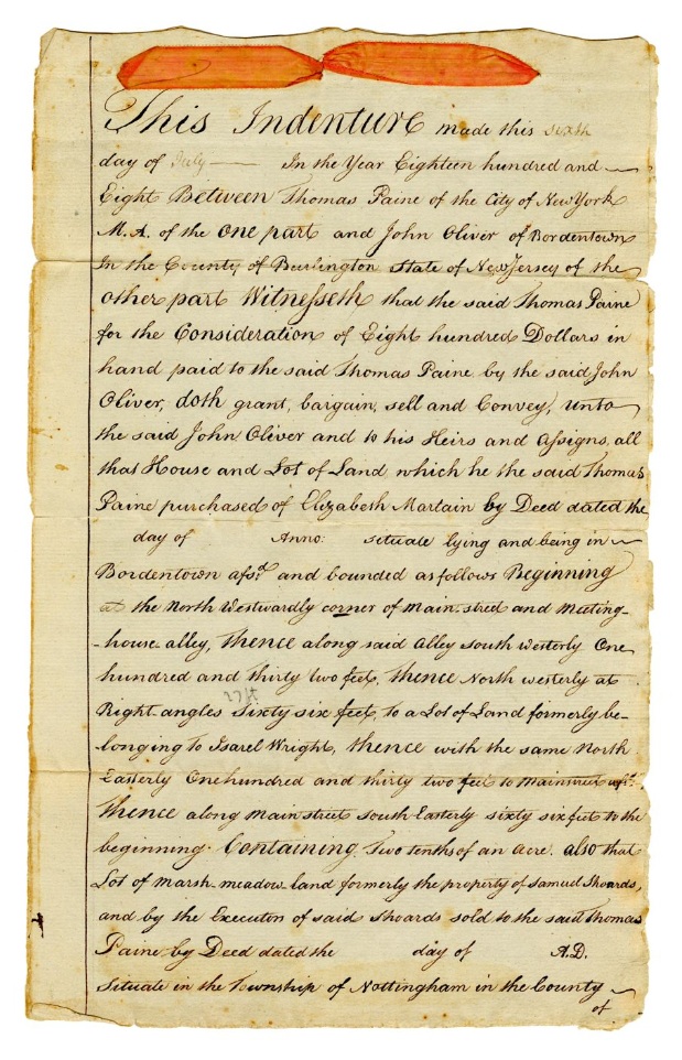 In 1807, Paine sold the house he had purchased in 1783 at 6 West Church Street in Bordentown, New Jersey to John Oliver. This house was the only property Paine ever purchased in his life. Shown here is the record of the indenture between the two